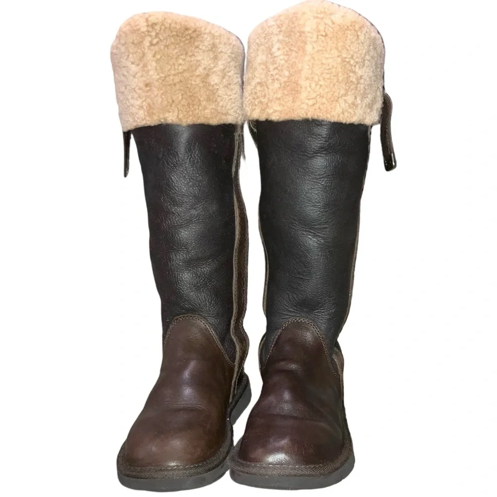 UGG Brooks Tall Boots Brown Leather Shearling Lined Flat Moto Style Women’s 6